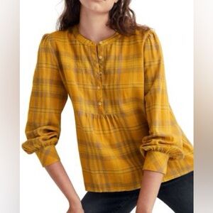 Madewell Mustard Plaid Blouse Linen-Cotton Size M
